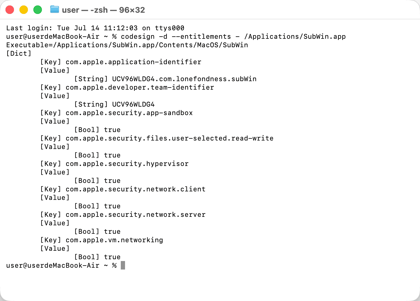 Terminal output of codesign listing SubWin's complete entitlements: app identity, App Store sandbox, user-selected file access (used only for the Windows ISO), Apple hypervisor, and network access — no camera or microphone entitlement anywhere