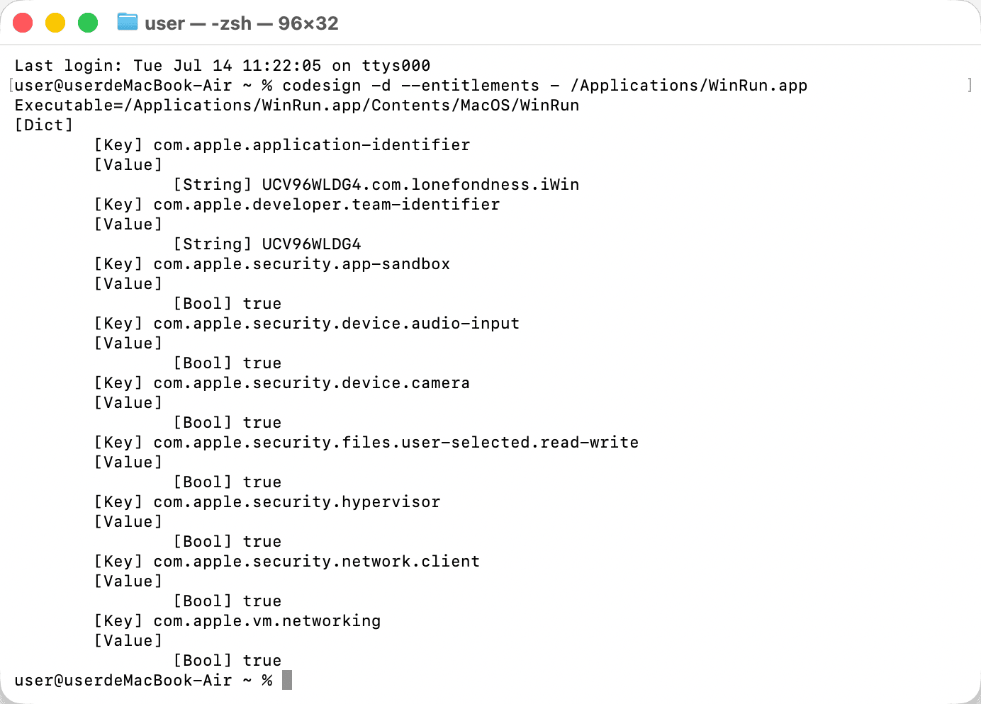 Terminal output of codesign listing WinRun's complete entitlements: app identity, App Store sandbox, camera and microphone for Mac peripheral passthrough, user-selected file access (used only for the Windows ISO), Apple hypervisor, and network access